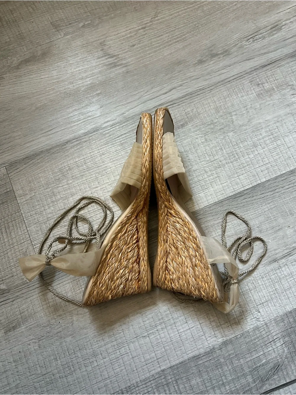 STUART WEITZMAN Cream Espadrille Wedge Sandals with Wrap Ankle Tie Tulle Size 9 - Picture 9 of 14